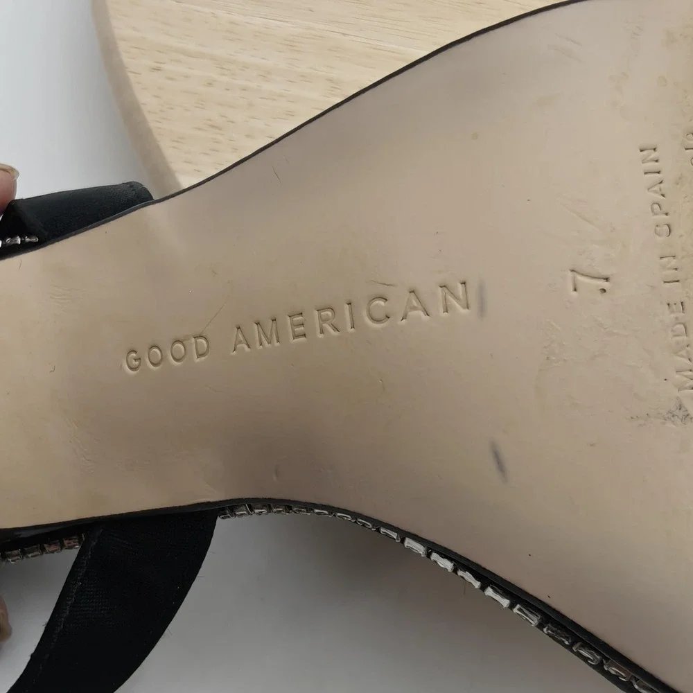 Good American Shoes Womens Size 7 Black Rhinestone Slingback Heels‎ Clear Strap